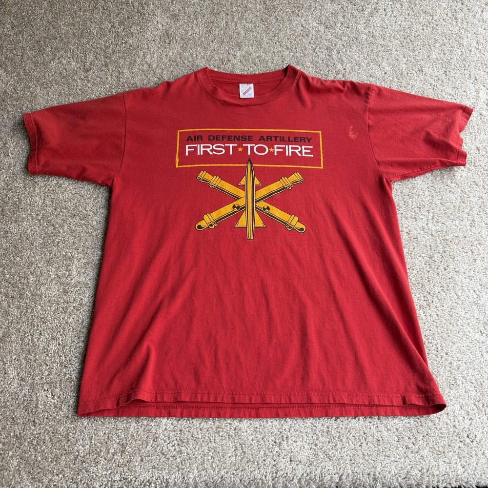 Vintage Jerzees Shirt Mens XL Red Air Defense Artillery First To Fire Tee